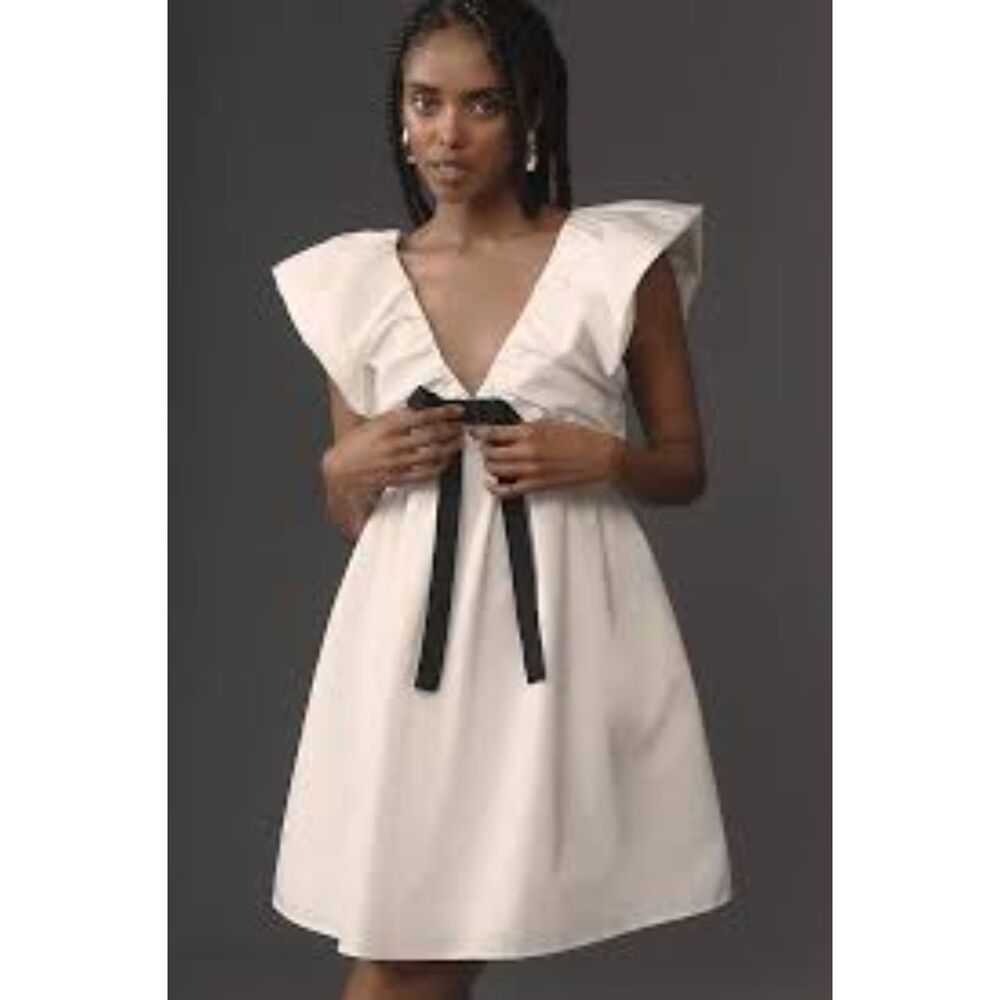Endless Rose Anthropologie White Babydoll Dress Black Bow large Mini NEW